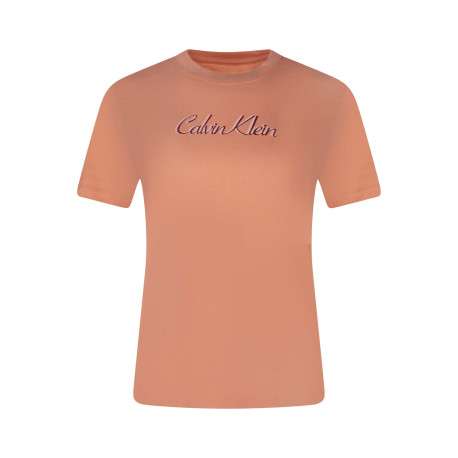 T-shirt en coton rose à coupe droite avec un col rond et texte sur la poitrine