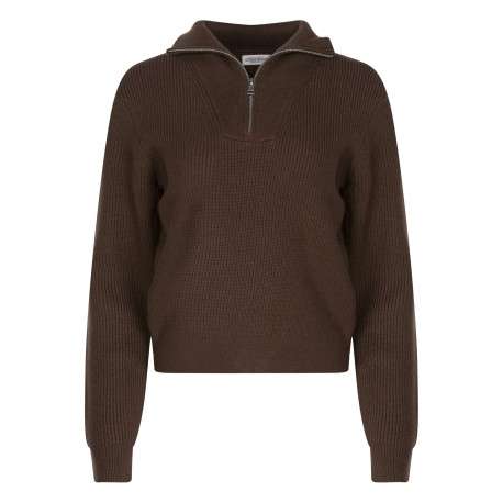 Pull brun uni à coupe droite avec un col camionneur et des manches longues