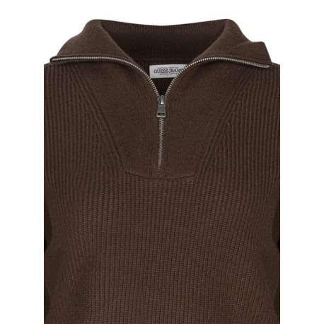 Pull brun uni à coupe droite avec un col camionneur et des manches longues - Image 3