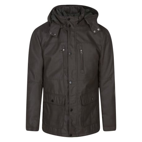 Parka brun et vert uni Made in France avec une coupe droite et un col à capuche