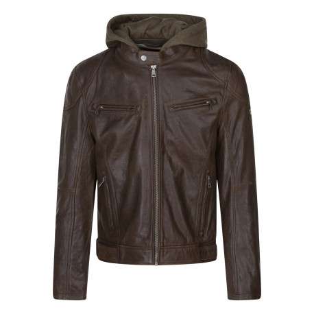 Blouson en cuir marron uni coupe ajustée col à capuche et fermeture zippée
