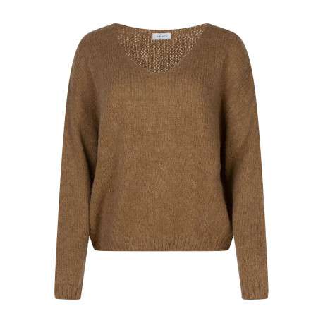 Pull camel uni coupe ample col en V avec des manches longues