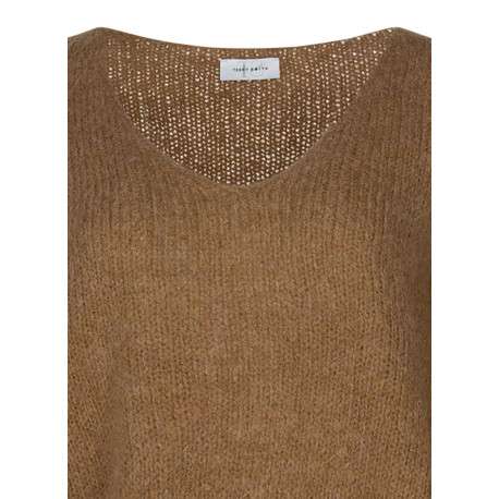 Pull camel uni coupe ample col en V avec des manches longues - Image 3