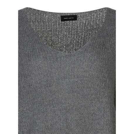Pull gris uni col en V coupe ample avec des manches longues - Image 3