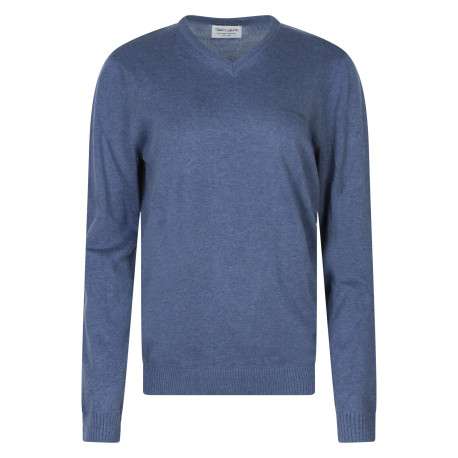 Pull en coton bleu uni coupe ajustée avec un logo en relief sur la poitrine - Image 4