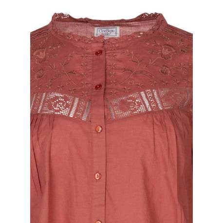 Chemisier en coton rouge uni avec de la broderie et une fermeture à boutons - Image 3