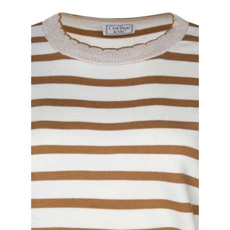 Pull Femme Chic Col Rond Rayé – Coton Doux Manches Longues – Coupe Asymétrique Avant Court/Arrière Long – Automne Hiver Élégant