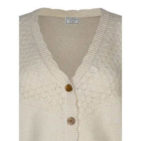 Cardigan écru uni coupe ajustée avec un col V et des manches longues - Image 3