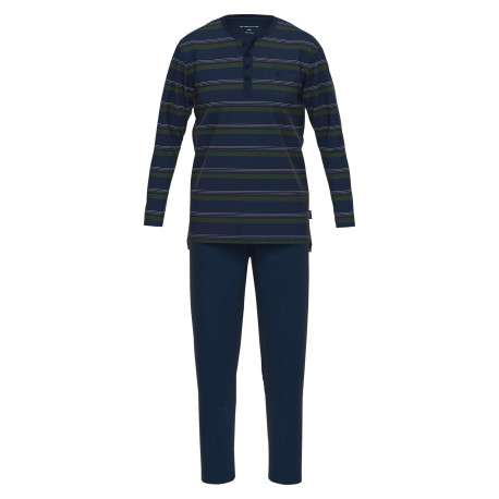 Pyjama long en coton marine rayé coupe droite avec un col tunisien