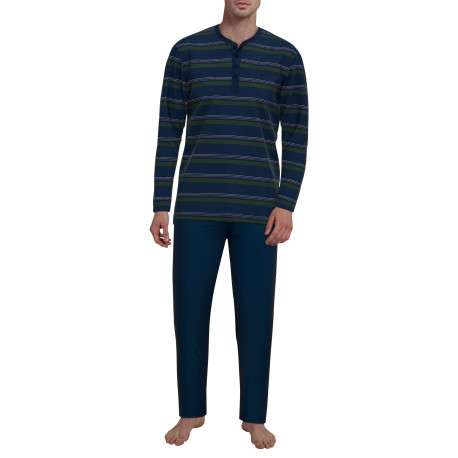 Pyjama long en coton marine rayé coupe droite avec un col tunisien - Image 2
