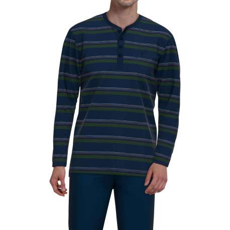 Pyjama long en coton marine rayé coupe droite avec un col tunisien - Image 4