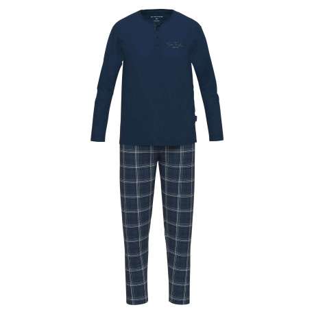 Pyjama long en coton marine coupe droite et col tunisien à fermeture boutonnée
