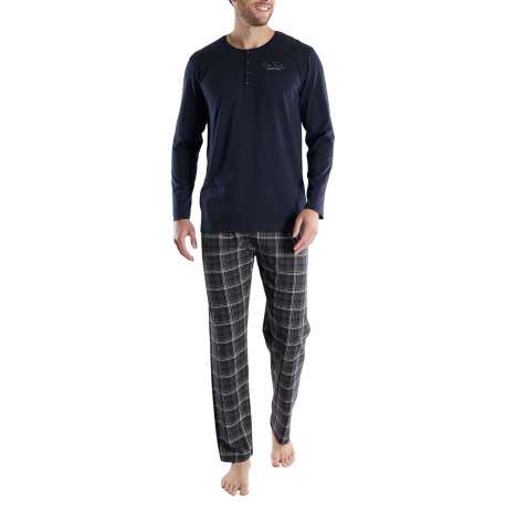 Pyjama long en coton marine coupe droite et col tunisien à fermeture boutonnée - Image 2
