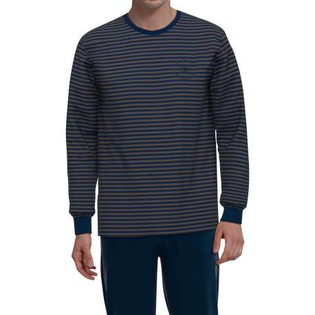 Pyjama long en coton marine rayé coupe ajustée avec un col rond