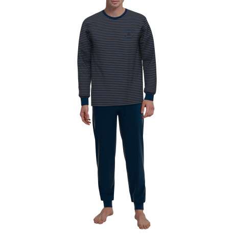 Pyjama long en coton marine rayé coupe ajustée avec un col rond - Image 2