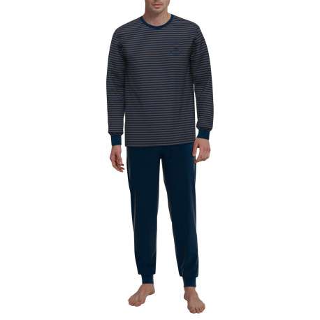 Pyjama long en coton marine rayé coupe ajustée avec un col rond - Image 3