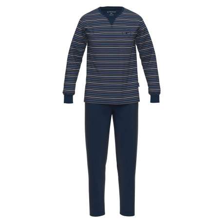 Pyjama long en coton marine coupe droite col rond avec un haut rayé