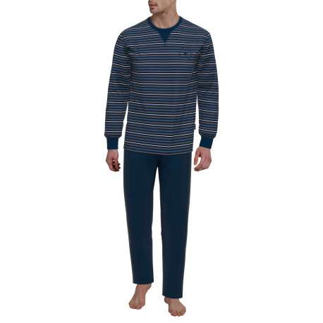 Pyjama long en coton marine coupe droite col rond avec un haut rayé - Image 2