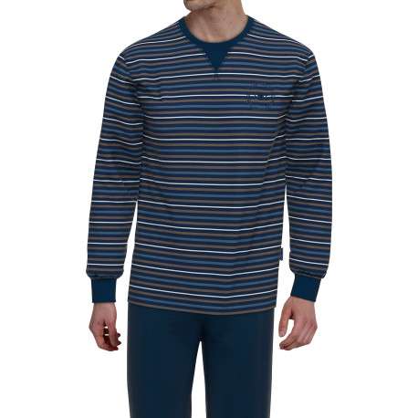 Pyjama long en coton marine coupe droite col rond avec un haut rayé - Image 3