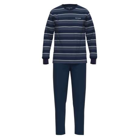 Pyjama Long en coton marine coupe droite avec un col rond et un haut rayé