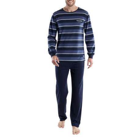Pyjama Long en coton marine coupe droite avec un col rond et un haut rayé - Image 2