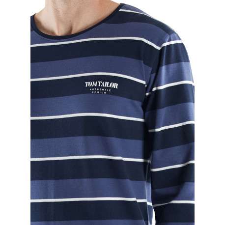 Pyjama Long en coton marine coupe droite avec un col rond et un haut rayé - Image 3