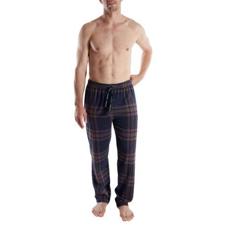 Pantalon de pyjama en coton marine coupe droite à carreaux bruns et marine - Image 3