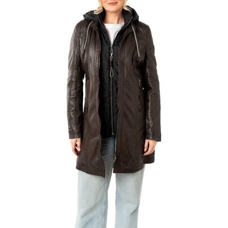 Parka longue marron unie en cuir de mouton à coupe droite avec un col à capuche