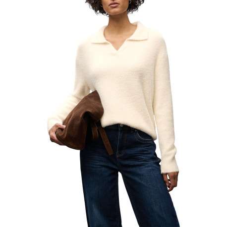 pull beige uni coupe ample col polo ouvert et des manches longues - Image 3