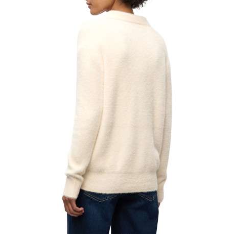 pull beige uni coupe ample col polo ouvert et des manches longues - Image 4