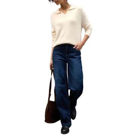 pull beige uni coupe ample col polo ouvert et des manches longues - Image 5