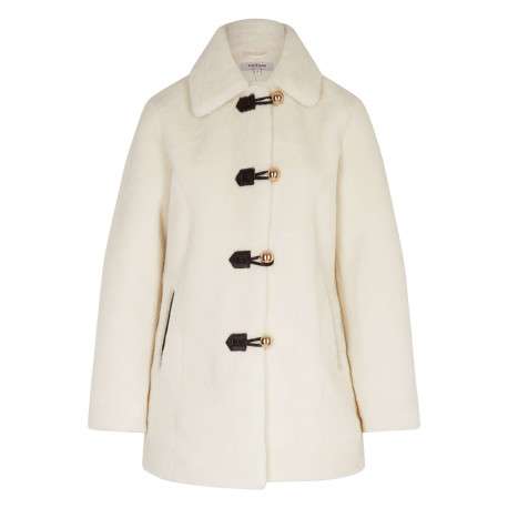 Manteau écru uni coupe droite avec un col à rabats et des boutons