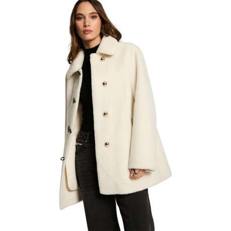 Manteau écru uni coupe droite avec un col à rabats et des boutons - Image 4