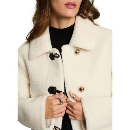 Manteau écru uni coupe droite avec un col à rabats et des boutons - Image 5