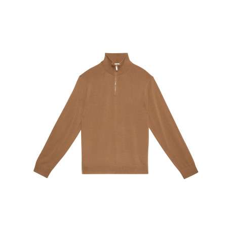 Pull en laine camel uni avec une coupe droite et un col camionneur