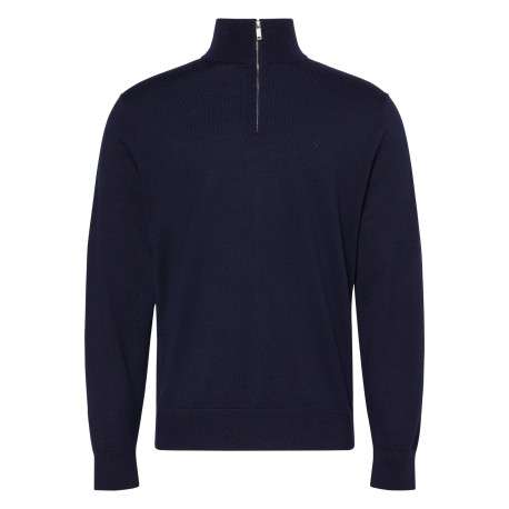 Pull en laine marine uni avec une coupe droite et un col camionneur