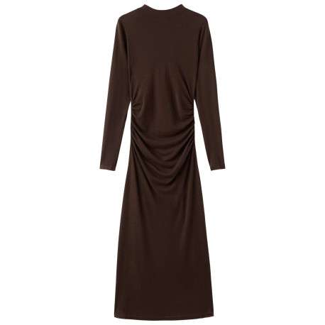 Robe longue marron unie pourvue d'un col montant et de manches longues
