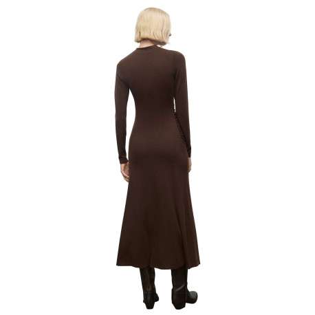Robe longue marron unie pourvue d'un col montant et de manches longues - Image 3