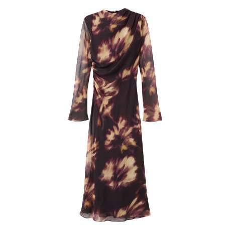 Robe longue multicolore en tulle à col rond ornée d'un motif floral abstrait