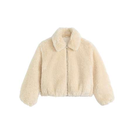 Blouson écru en maille sherpa à coupe coupe droite avec un col à rabats