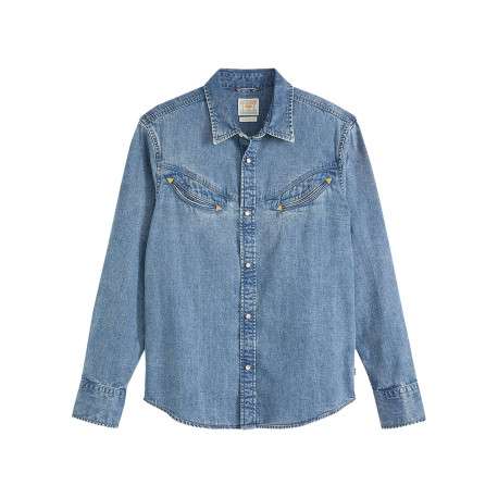 Chemise en coton bleue unie coupe regular pourvue d'un col à rabats
