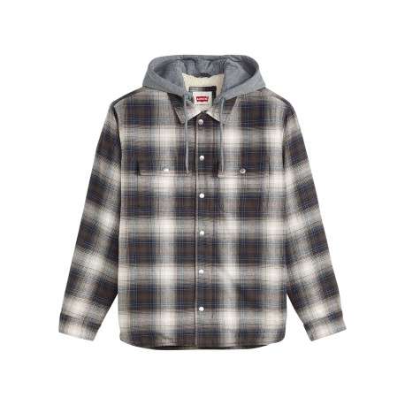 Surchemise en coton anthracite à motif écossais pourvue d'un col à capuche