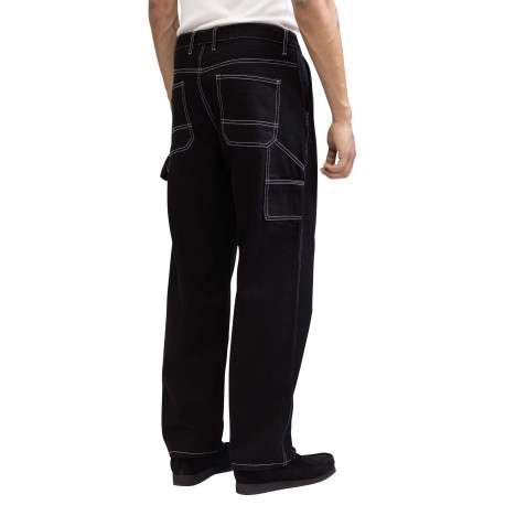Jean en coton noir uni avec une coupe droite et des surpiqûres blanches - Image 2
