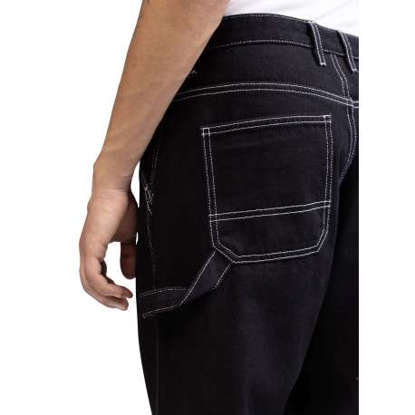 Jean en coton noir uni avec une coupe droite et des surpiqûres blanches - Image 3
