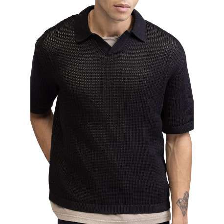 Polo en coton noir uni en maille ajourée avec une coupe droite