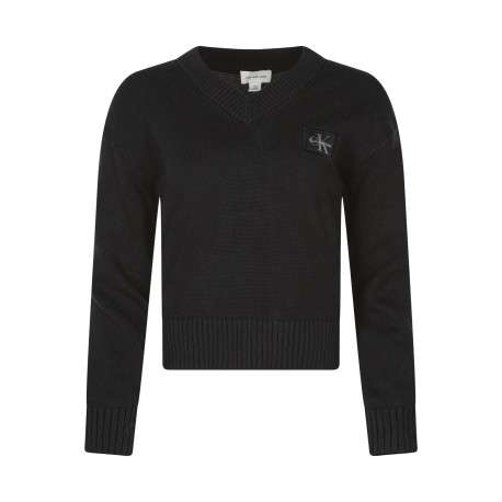 Pull en coton noir à maille fine avec une coupe droite et un col v