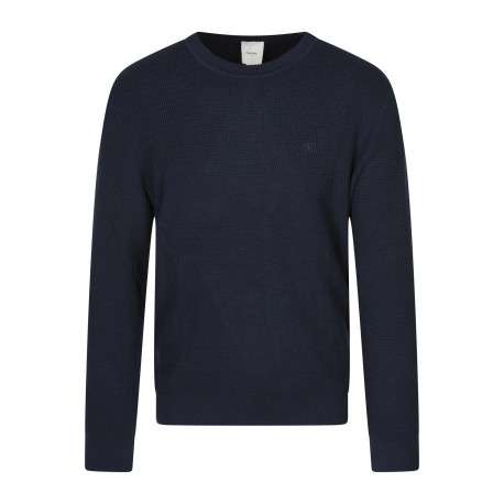 Pull en coton marine uni coupe ajustée col rond maille effet gaufré
