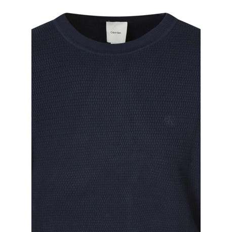 Pull en coton marine uni coupe ajustée col rond maille effet gaufré - Image 3