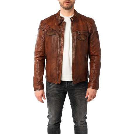 Blouson en cuir de mouton camel avec patchs à coupe droite et à col rond