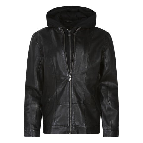 Blouson en cuir de mouton noir uni avec une coupe droite et un col à capuche